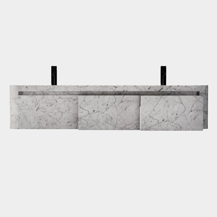 Lyke wall-mounted vanity open drawer detail in White Carrara