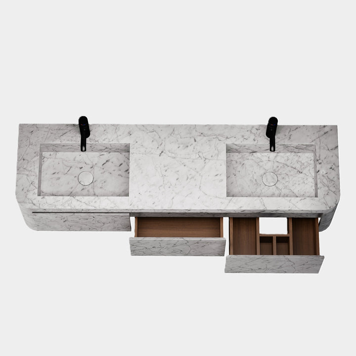 Lyke double basin vanity top view in White Carrara open drawers