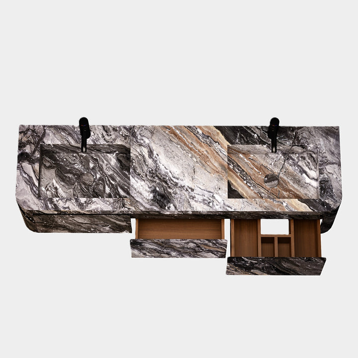 Lyke double basin vanity top view in Grey Galaxy open drawers