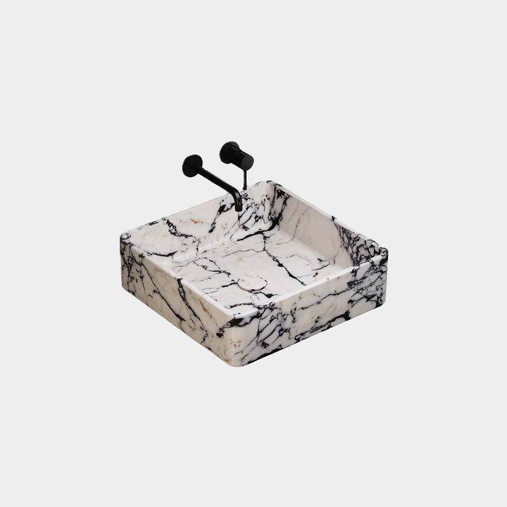 Maiken square marble basin side view in Calacatta Viola