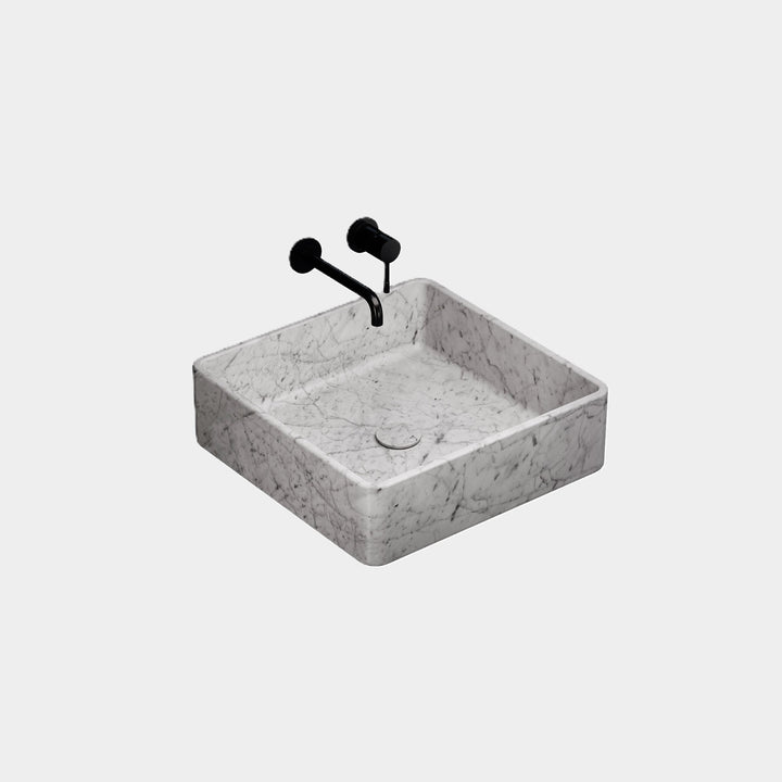 Maiken square marble basin side view in White Carrara