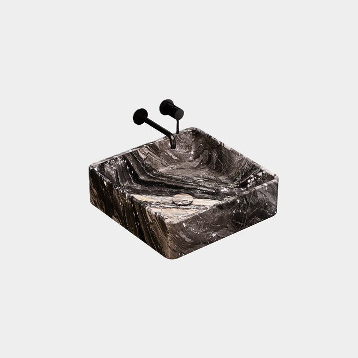 Maiken square marble basin side view in Grey Galaxy single shot
