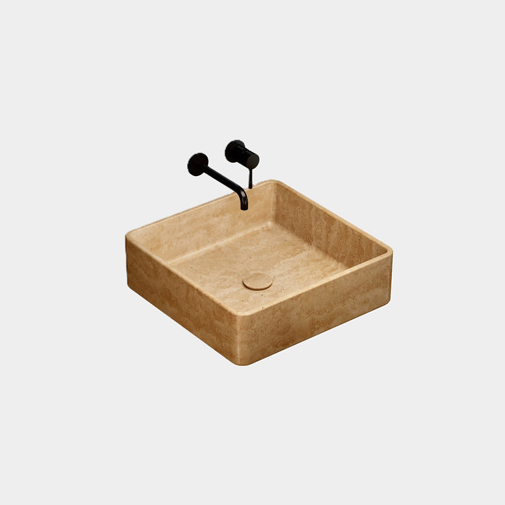 Maiken square marble basin side view in Beige Travertine
