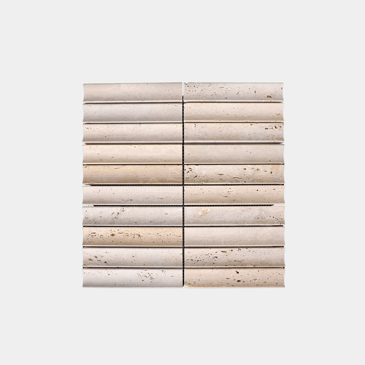 Inverted flute marble tiles flat lay view in Beige Travertine
