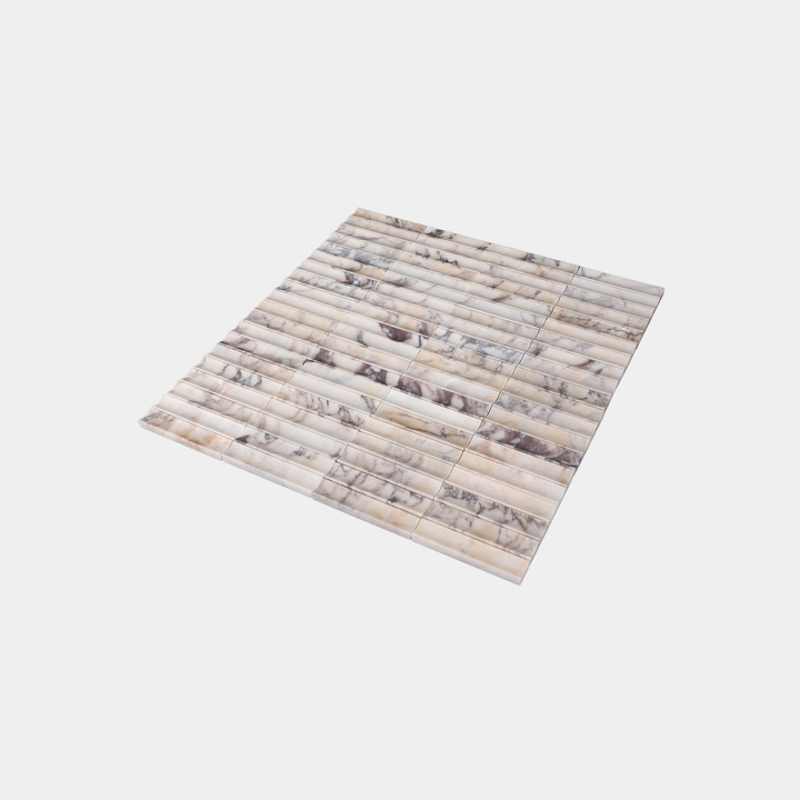 Inverted flute marble tiles side view in Calacatta Viola