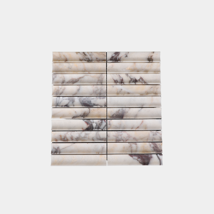 Inverted flute marble tiles flat lay view in Calacatta Viola