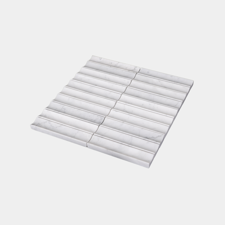 Inverted flute marble tiles side view in White Carrara