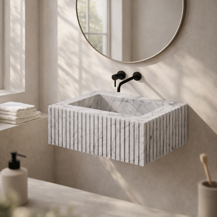 Luca Ribbed Marble Basin - White Carrara - Lifestyle Bathroom Setting