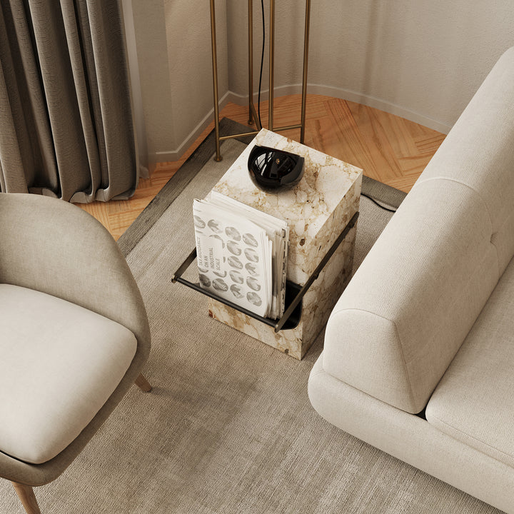 Aarhaus marble side table with storage pouch in Beige Breccia