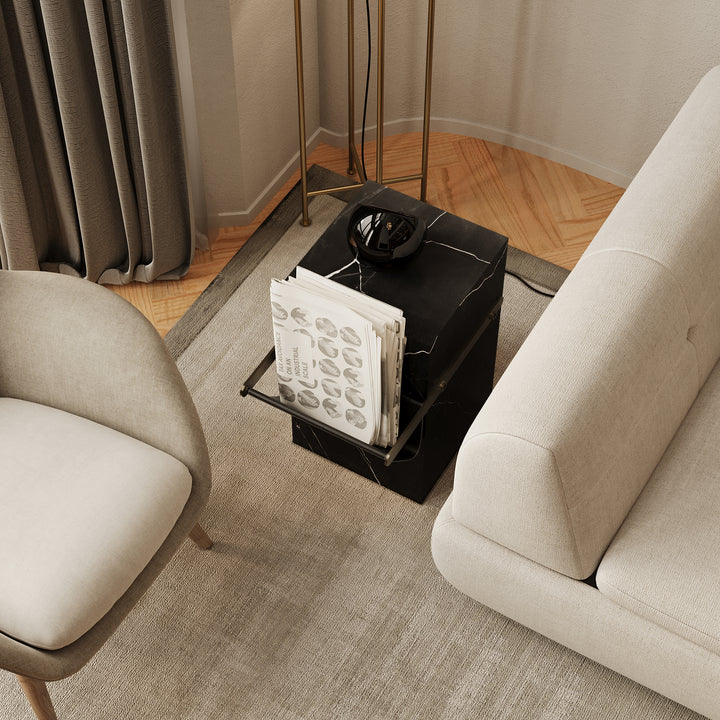Aarhaus marble side table with storage pouch in Black Eagle