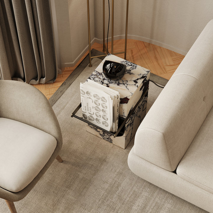 Aarhaus marble side table with storage pouch in Calacatta Viola