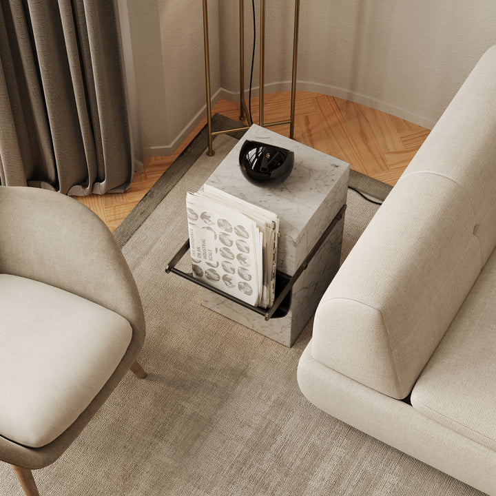 Aarhaus marble side table with storage pouch in White Carrara