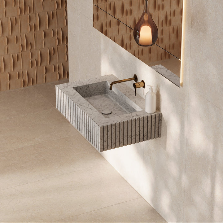 Luca Ribbed Marble Basin - White Carrara - Medium - Lifestyle Side View