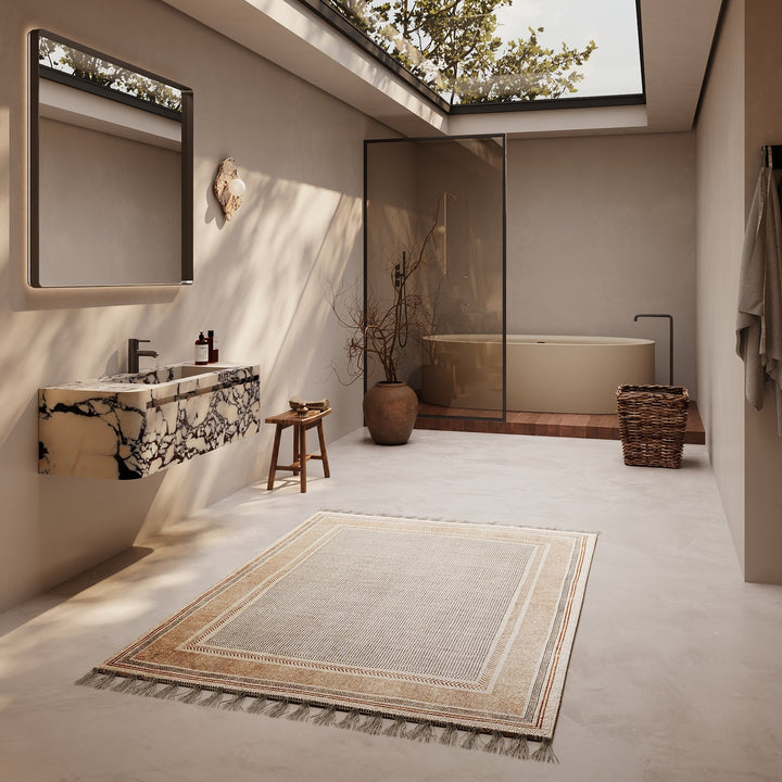 Lyke single wall-mounted vanity large lifestyle view in Calacatta Viola