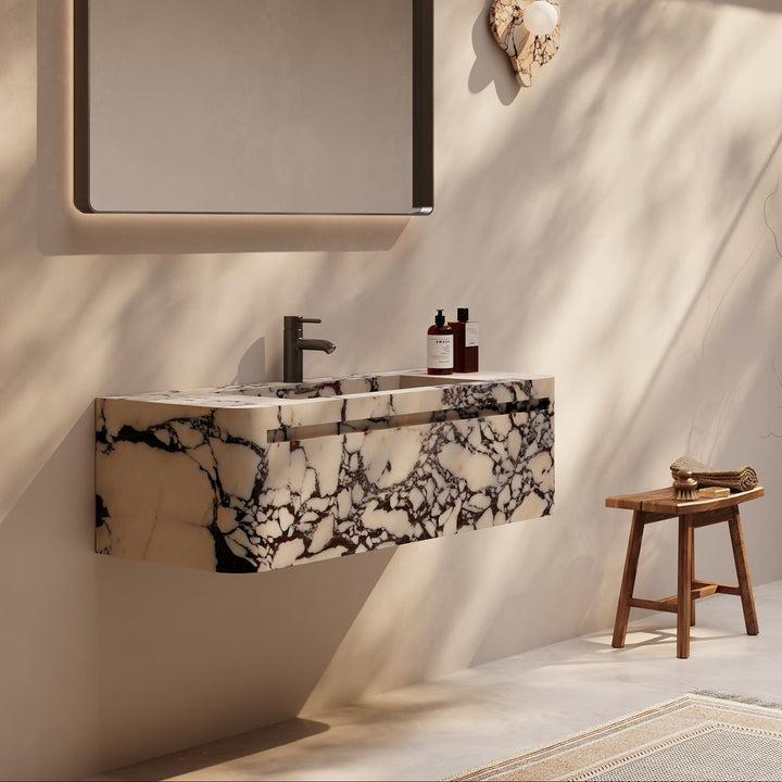 Lyke single wall-mounted marble vanity large in Calacatta Viola