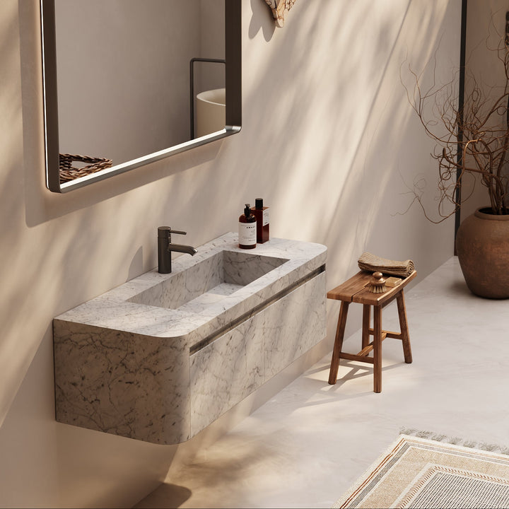 Lyke single wall-mounted marble vanity large in White Carrara close up