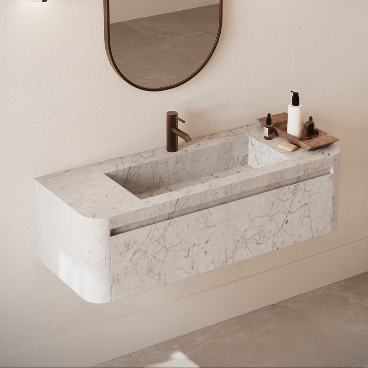 Lyke single wall-mounted vanity large side view in White Carrara lifestyle bathroom