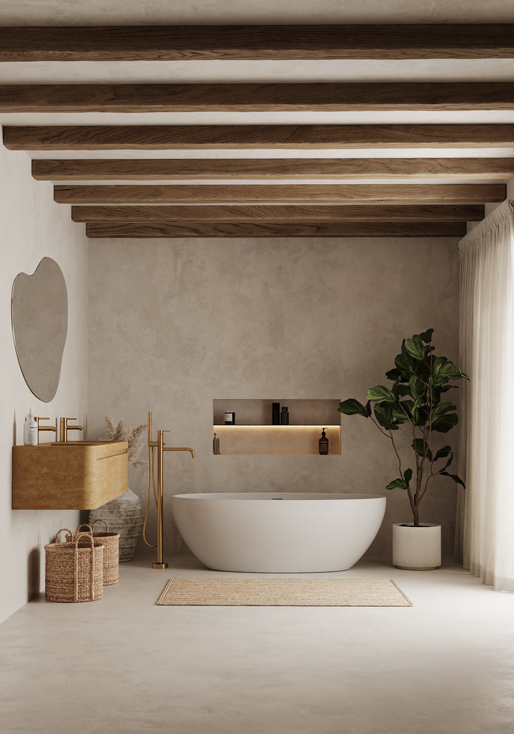 Lyke wall-mounted vanity detail in Beige Travertine bathroom setup