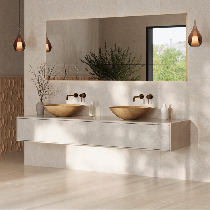 Maiken round basin lifestyle view in White Carrara double sinks