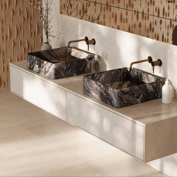 Maiken square basin lifestyle view in Grey Galaxy closer