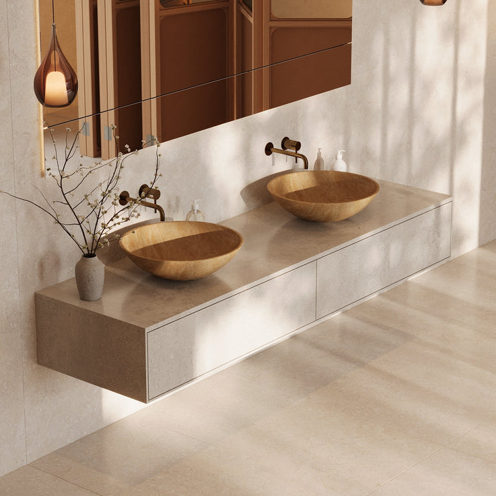 Maiken round basin lifestyle view in White Carrara double sinks side view