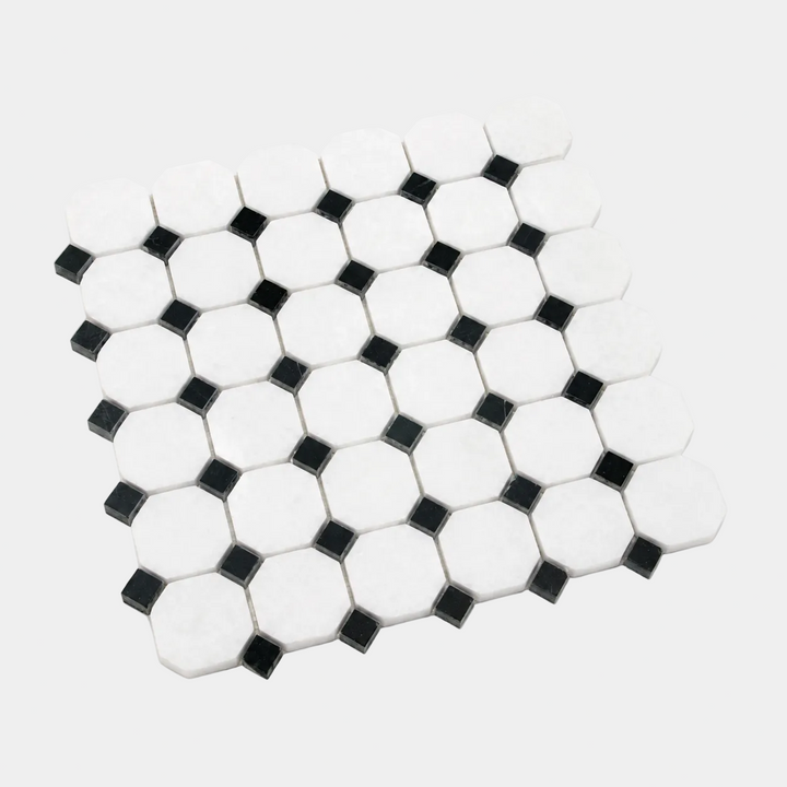 Mosaic tile pattern with white and black hexagonal tiles on a white background Nordst