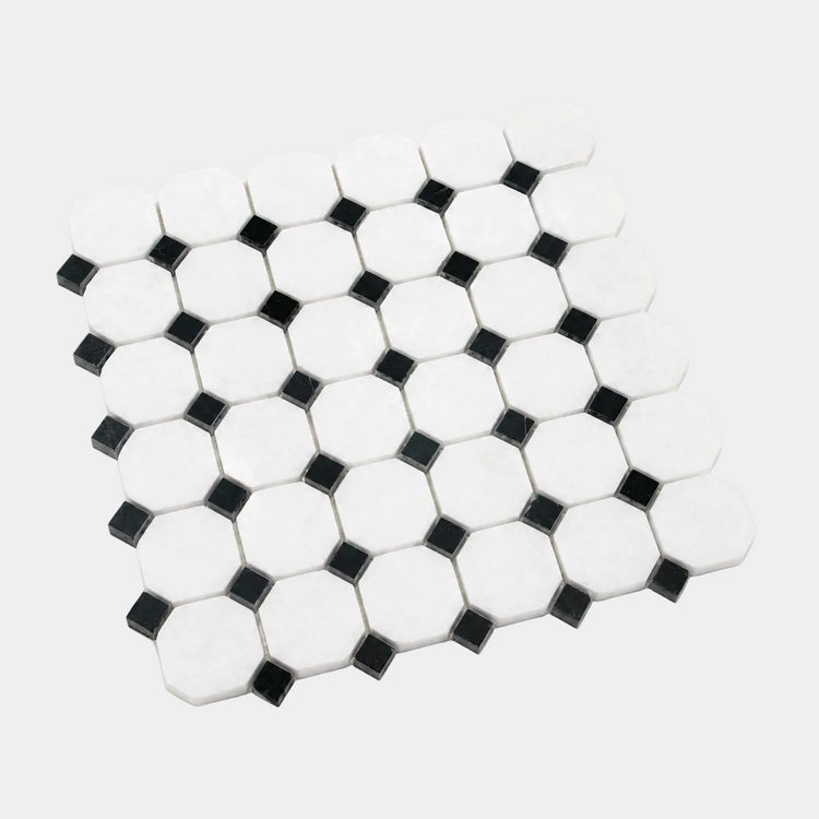 Mosaic tile pattern with white and black hexagonal tiles on a white background Nordst