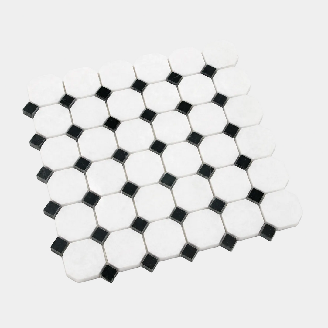 Mosaic tile pattern with white and black hexagonal tiles on a white background Nordst