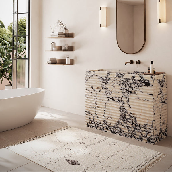 Njord single vanity large lifestyle view in Calacatta Viola