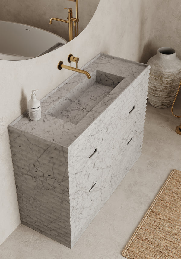 Njord single vanity large lifestyle view in White Carrara