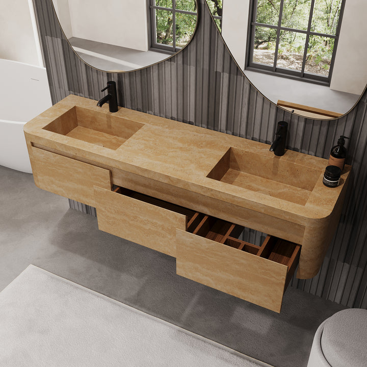 Lyke - Wall-Mounted Double Basin Bathroom Vanity - Beige Travertine