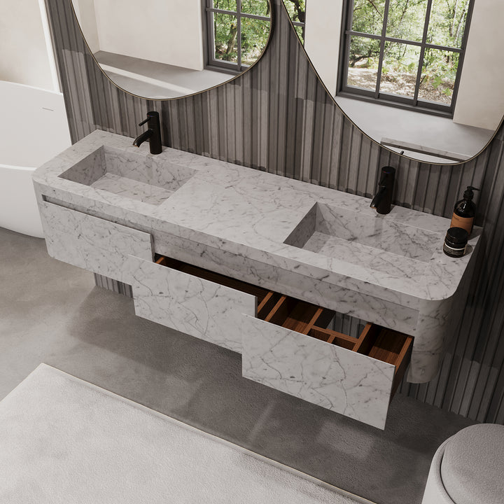 Lyke wall-mounted double basin marble vanity in White Carrara open drawers
