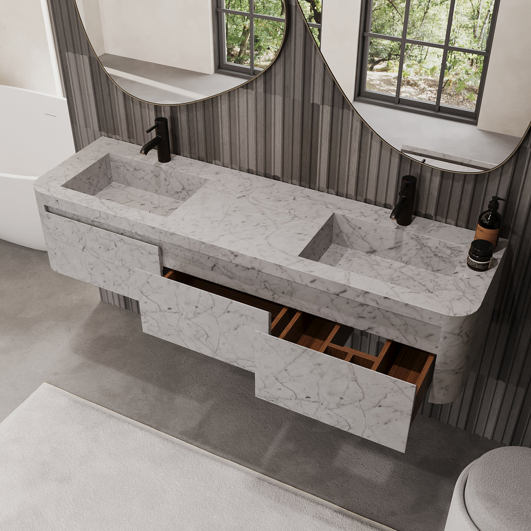 Lyke - Wall-Mounted Double Basin Bathroom Vanity - White Carrara