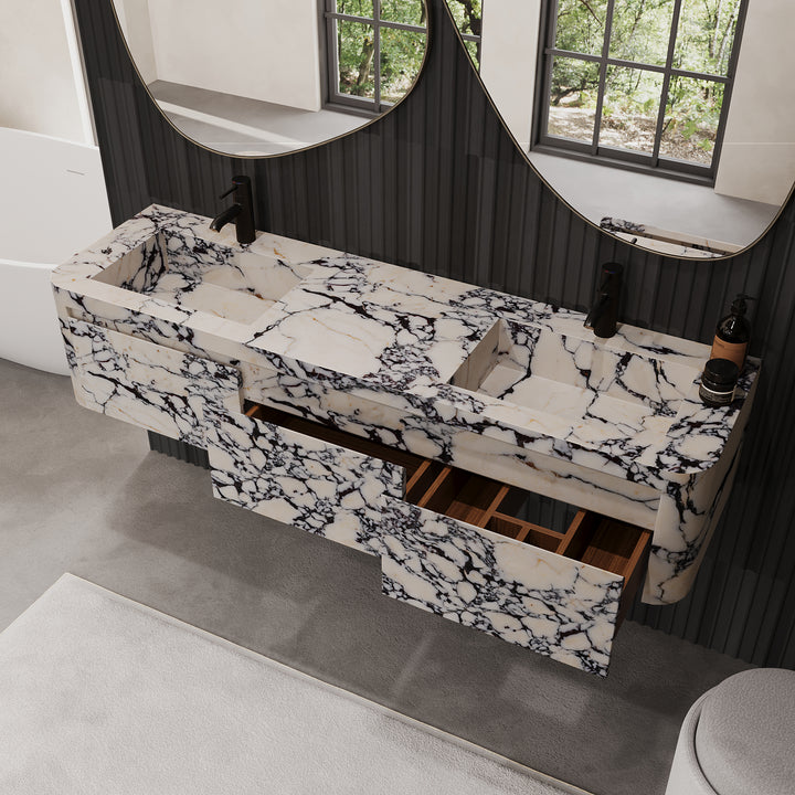 Lyke wall-mounted vanity open drawer detail in Calacatta Viola