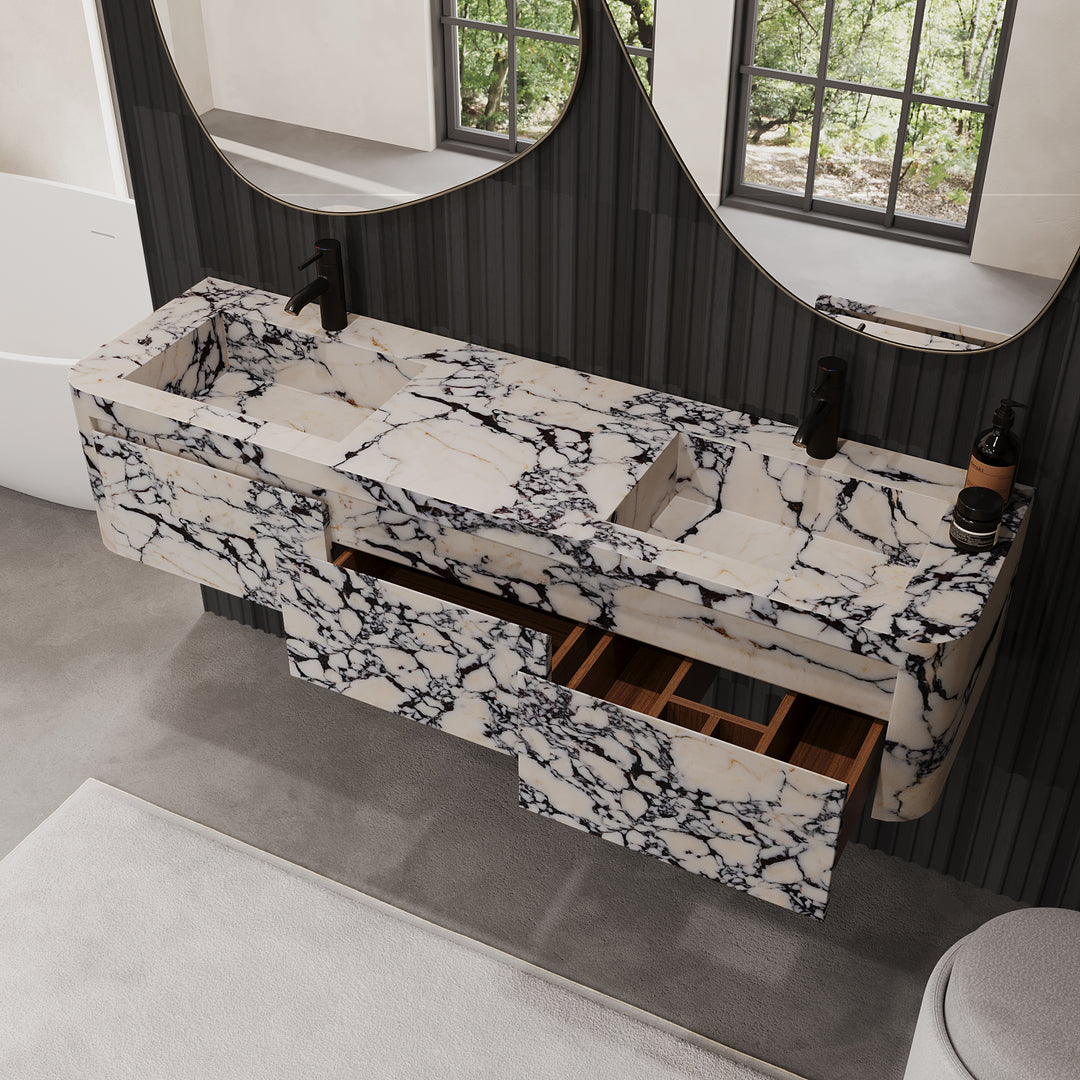 Lyke -Wall-Mounted Double Basin Bathroom Vanity - Calacatta Viola