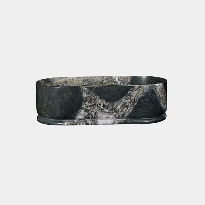 Leif oval marble bathtub front view in Emerald Green Quartzite