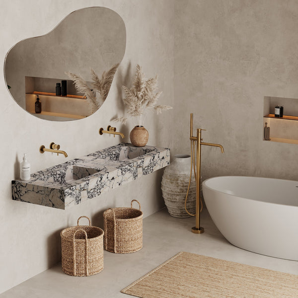 Skadi double marble basin styled in bathroom interior