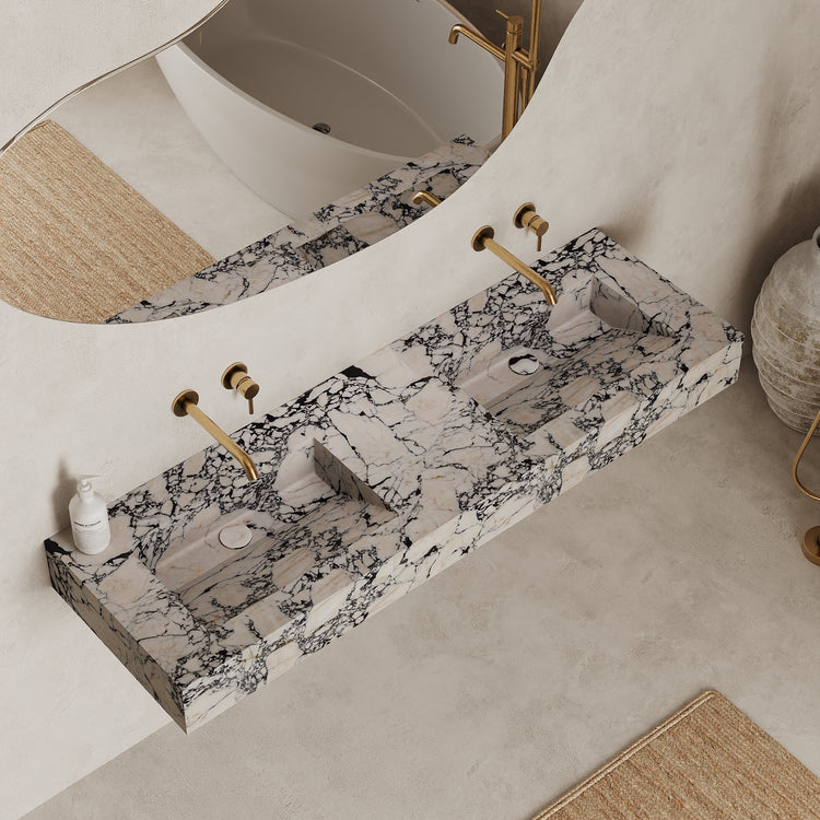 Skadi double marble basin in Calacatta Viola