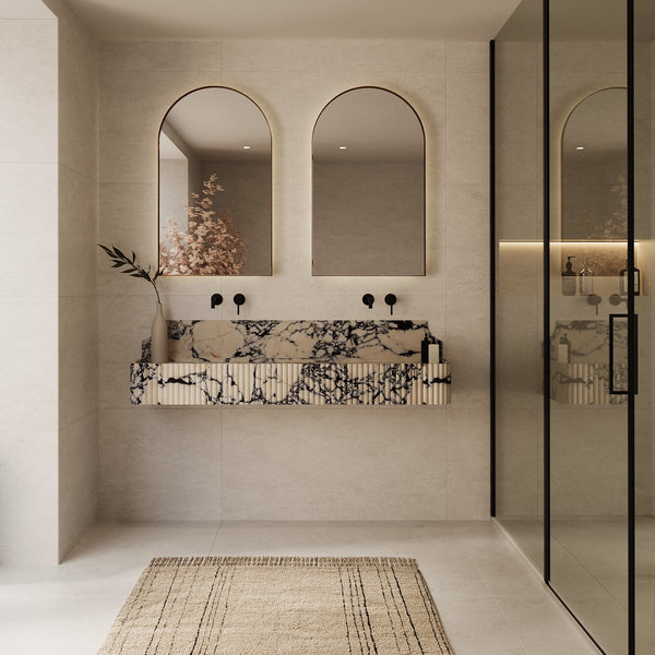 Skive ribbed double basin lifestyle view in Calacatta Viola
