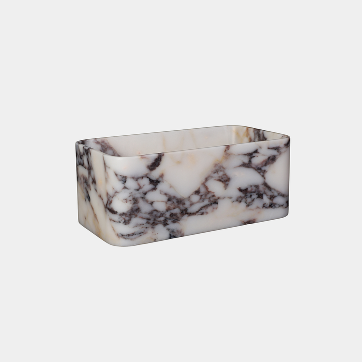 Astrid square bathtub side view in Calacatta Viola