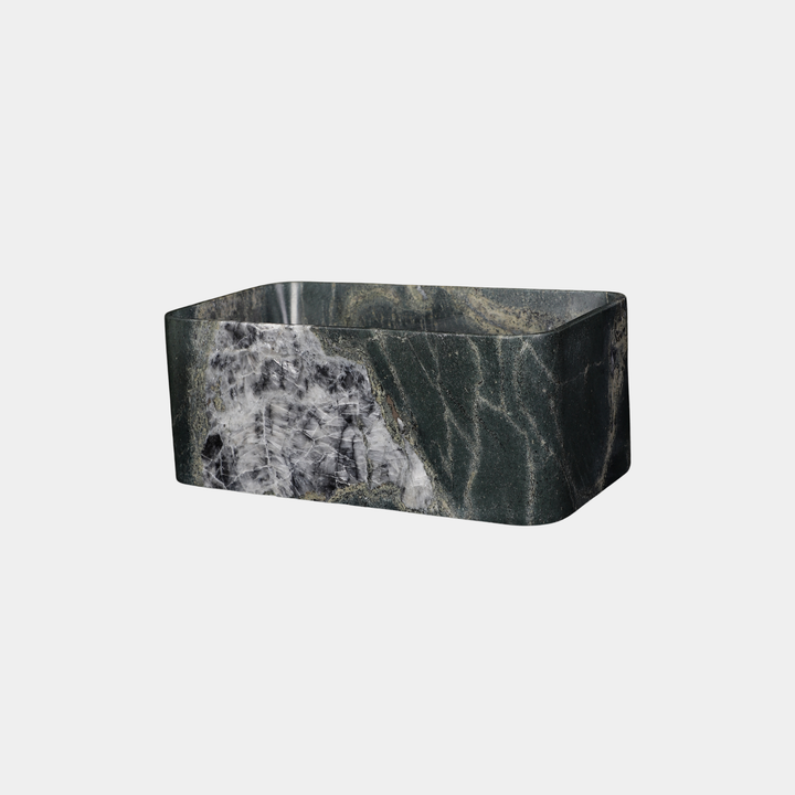 Astrid square bathtub side view in Emerald Green Quartzite