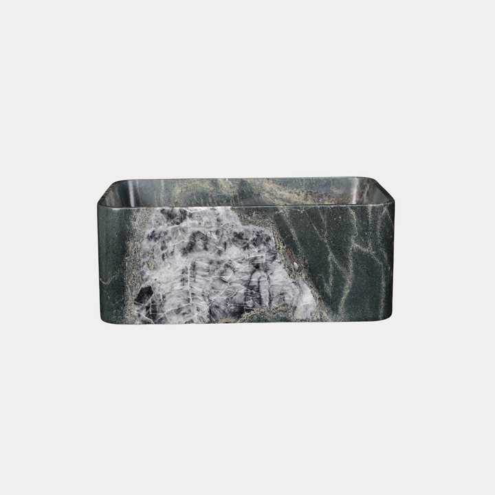 Astrid square marble bathtub front view in Emerald Green Quartzite