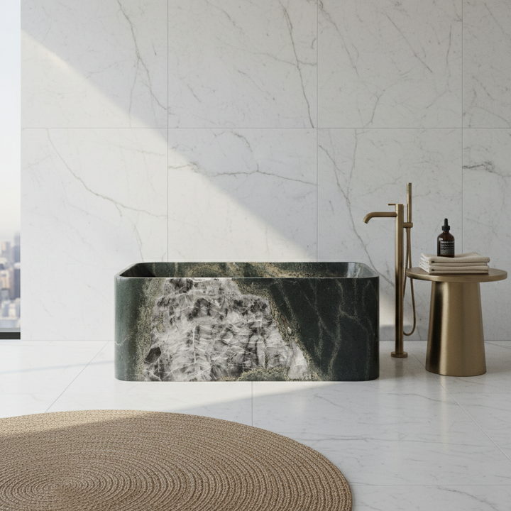 Astrid square bathtub lifestyle view in Emerald Green Quartzite