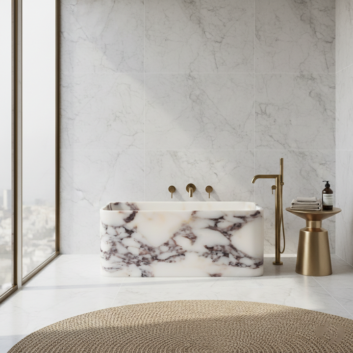 Astrid square bathtub lifestyle view in Calacatta Viola