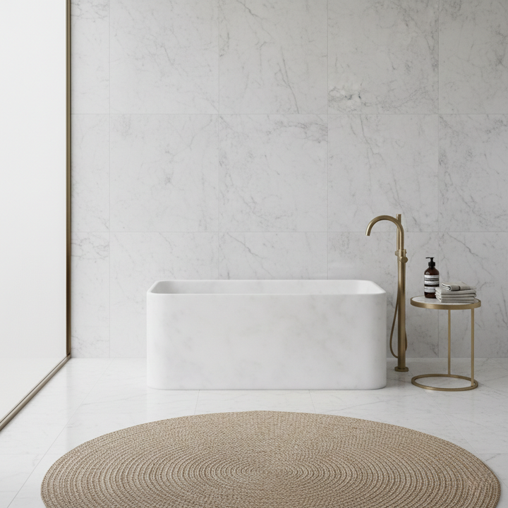 Astrid square bathtub lifestyle view in White Carrara