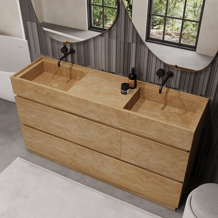 Orca double basin marble bathroom vanity in Beige Travertine