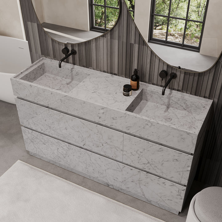 Orca double basin marble bathroom vanity in White Carrara
