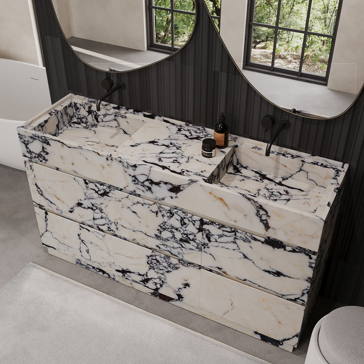 Orca double basin marble bathroom vanity in Calacatta Viola