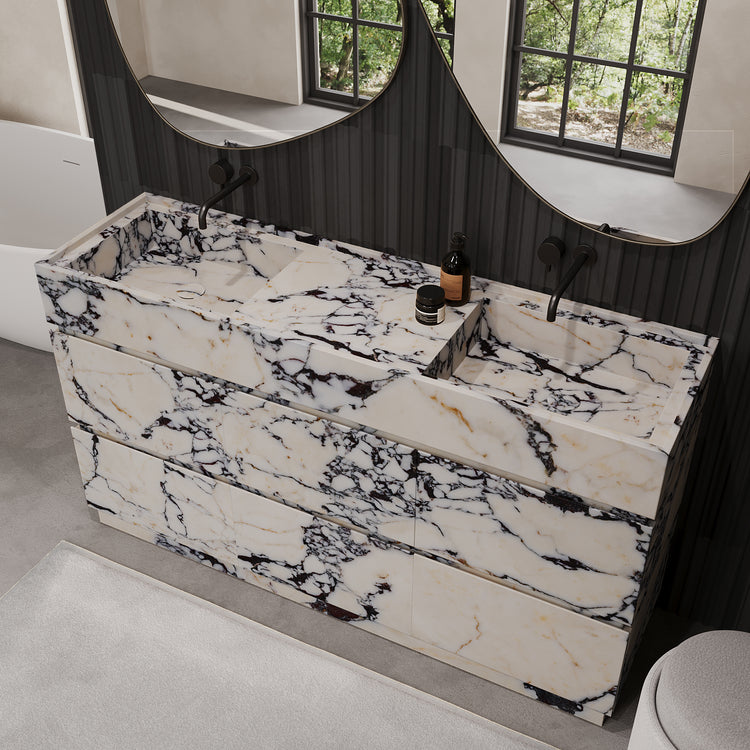 Orca double basin marble bathroom vanity in Calacatta Viola