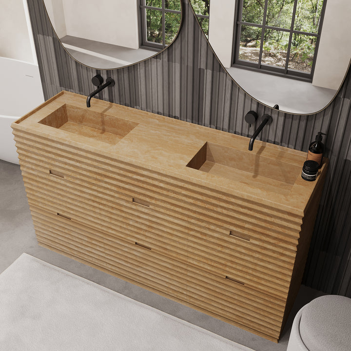 Njord ribbed marble double basin vanity in Beige Travertine